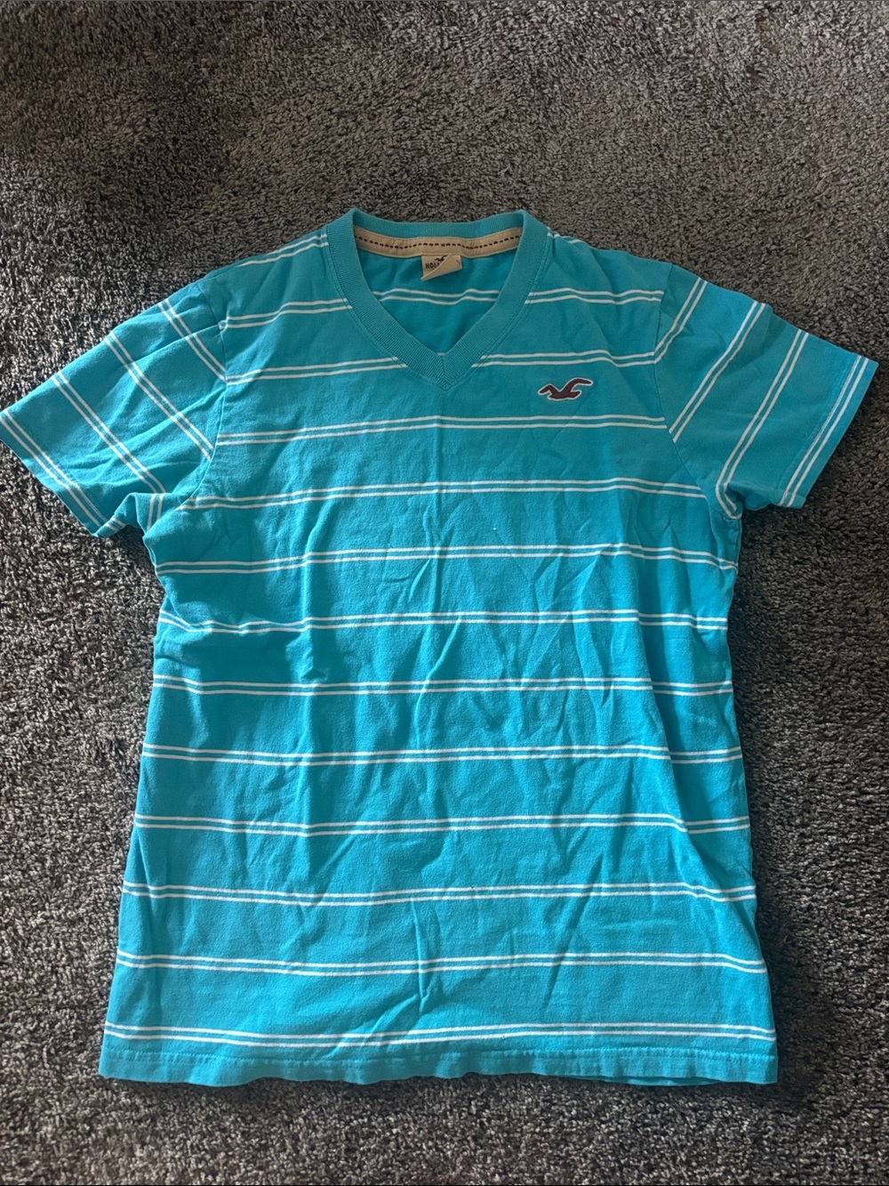 Hollister Teal & White Striped V‑Neck Tee